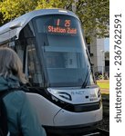 Small photo of VEENENDAAL, NL - Sep 28, 2022: A vertical shot of a tramcar on the street of Veenendaal, Utrecht, Netherlands