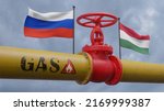 Valve on the main gas pipeline Russia to Hungary, Pipeline with flags Russia and Hungary, Pipes of gas from Russia to Hungary, 3D work and 3D image