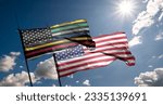 Small photo of Thin Line First Responder American Flag Thin Line First Responder flag waving at cloudy sky background on sunset, panoramic view. copy space for wide banner.
