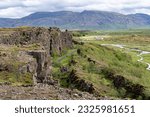 Thingvellir rift valley of the mid Atlantic ridge and historic assembly site of Althing or Law Rock in Parliament plains in Iceland