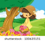 cute girl picking flowers in... | Shutterstock . vector #100635151