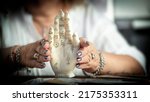 Small photo of ​Vintage Fortune Teller Hand with Palmistry diagram. Sketch graphic illustration with mystic and occult hand drawn symbols. Vector illustration. Halloween, astrological and esoteric concept.