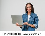 Young smiling caucasian student freelancer woman using laptop for remote work, e-learning at university college, e-banking, online shopping, webinars isolated in white background