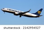 Small photo of London, United Kingdom - March 19, 2022: Ryanair Boeing 737-800 taking off from London Stansted Airport, destined for Cluj-Napoca, Romania. Flight time is 2.5 hours.