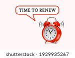 TIME TO RENEW - text on light pink background with red alarm clock