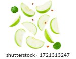 piece of green apple with green leaves isolated on white background. top view