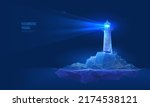 Lighthouse on the seashore in digital futuristic style. Light effect as a guide to the sea. Night landscape of rocky coast with building, vector illustration