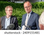 Small photo of Kiel, Germany, June 26, 2023, Portrait of CDU Chairman Friedrich Merz and Prime Minister HH Daniel Gunther at a meeting in Schleswig-Holstein