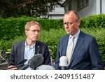 Small photo of Kiel, Germany, June 26, 2023, Portrait of CDU Chairman Friedrich Merz and Prime Minister HH Daniel Gunther at a meeting in Schleswig-Holstein