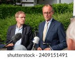 Small photo of Kiel, Germany, June 26, 2023, Portrait of CDU Chairman Friedrich Merz and Prime Minister HH Daniel Gunther at a meeting in Schleswig-Holstein