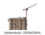 Small photo of Under construction building against the sky and tower cranes, isolated on a white background. Unfinished construction house