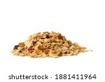 Granola with nuts and raisins isolated on white background