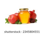 Small photo of PNG, apples, pomegranate and jar of honey, isolated on white background
