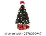 PNG,Christmas tree with gifts and a festive hat, isolated on white background