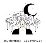 linear boho drawing  woman with ... | Shutterstock .eps vector #1935954214