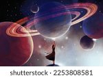 Space background for astrology, a woman touches the planet. Futuristic mystical background, subconscious depth concept, modern illustration. Girl and space