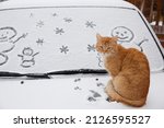 Small photo of A red cat sits on the hood of a car. The car is covered in snow. Snowmen are painted on the windshield of the car.