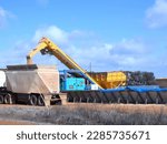 Small photo of Freshly harvested wheat, loaded into a truck by an auger, supplied by a front-end loader. Wheat belt of Western Australia.
