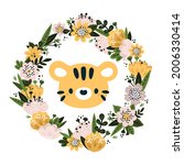 floral wreath with cute tiger... | Shutterstock .eps vector #2006330414