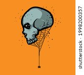 Skull with spider web concept. Human head skeleton with arachnid vector illustration. Drawing isolated on orange background