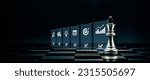 Small photo of King chess pieces with strategy icons concepts of leadership or wining challenge battle fighting of business team player and risk management or human resource or strategic planning.