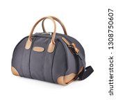 Small photo of Duffle Bag Isolated on White Background. Black and Brown Foldable Striped Zippered Travel Bag with Top Closure. Side View of Luggage Handbag