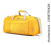 Small photo of Orange Duffle Bag Isolated on White Background. Side View Foldable Striped Travel Bag with Top Closure and Zippered Compartment. Luggage Handbag