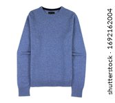 Small photo of Men's Recycled Cashmere & Wool Ribbed Crewneck Sweater Isolated on White Background. Stylish Warm Blue Pullover with Ribbed knit cuff and hem. Best Modern Sweatshirt Jersey Apparel for Mens & Boys