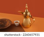 Small photo of dallah is a metal pot with a long spout designed specifically for making Arabic coffee, Saudi coffee wood background, arabic coffee and dates.