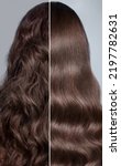 Small photo of Woman before after curling her hair. Rear view, straight and curls.