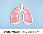 Small photo of Lungs paper decorative model on light blue background. World tuberculosis TB day, pneumonia, respiratory diseases concept. Top view, flat lay
