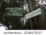 Small photo of San Francisco, CA 94132 USA May 16, 2022 Signs in front of Sigmund Stern Recreation Grove for the Stern Grove Festival on June 12 through August 14, 2022. In the front sign it says Sigmund Stern Grove