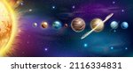 Solar system vector planet background, Sun, Earth, Jupiter, Saturn astrology planetary poster, stars. Space wallpaper, realistic education astronomy school banner. Solar system cosmos clipart