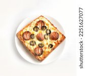 Small photo of Assimilation of a sandwich as a mini pizza. There are photo and vector versions for design idea. The sandwich is added with cheese, hams, pickled olive and then baked. Served with ketchup or chilis