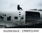 Famous plane wreck in Iceland with black sand and a man standing on top