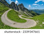 a narrow mountain road meanders down the mountain into the Grosswalsertal, alongside stony mountains over steep flower-strewn meadows in Vorarlberg, Austria