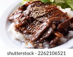 Small photo of A closeup view of a beef teriyaki entree.