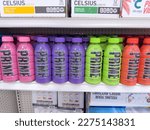 Small photo of Los Angeles, California, United States - 02-01-2023: A view of several bottles of Prime hydration drink, on display at a local grocery store.