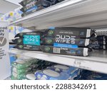 Small photo of Los Angeles, California, United States - 02-01-2023: A view of several packages of Dude Wipes, on display at a local grocery store.