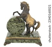 Small photo of Horse Antique Marble Bronze golden Retro Mantel Vintage Table clock isolated with Decorative figurine sculpture. Empire Style Decorative Time Pieces Statue for Living Room and Bedrooms.