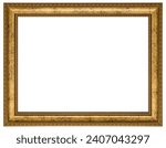 Small photo of Antique Gold Brown Classic Old Vintage Wooden Rectangle mockup canvas frame isolated on white. Blank and diverse subject molding baguette. Design element. use for paint, mirror or photo