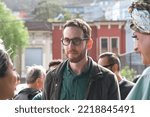 Small photo of San Francisco, CA - Oct 22, 2022: Senator Scott Wiener speaking with participants at his Halloween Pumpkin Carving Event at Noe Courts park.