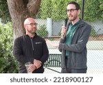 Small photo of San Francisco, CA - Oct 22, 2022: Senator Scott Wiener speaking with participants at his Halloween Pumpkin Carving Event at Noe Courts park. Introducing Supervisor Rafael Mamelman.