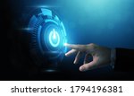 Small photo of Hand of businessman pressing power button over computer. Start or shut down concept