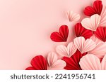 Small photo of Valentines day, hearts love background for marriage celebration - many beautiful pink and red paper ribbed hearts in origami style fly on pastel pink color as sideways border, copy space, top view.