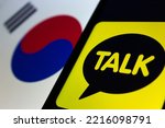 Small photo of Vancouver, CANADA - Oct 18 2022 : Logo of Korea's biggest mobile messaging app KakaoTalk on iPhone on South Korean flag. In Oct, Kakao experienced major service disruptions after a fire at data center
