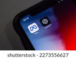 Small photo of Vancouver, CANADA - Feb 27 2023 : Meta Platforms, Inc. and ChatGPT icons seen in an iPhone. Meta announced that release of new AI tool LLaMA (Large Language Model Meta AI). OpenAI Rival concept