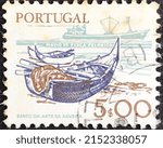 Small photo of Portugal, circa 1978: stamp depicting Tunny fishing boats and modern trawler from the working tools series.