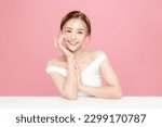 Small photo of Young Asian beauty woman pulled back hair with korean makeup style touch her face and perfect skin on isolated pink background. Facial treatment, Cosmetology, plastic surgery.