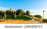 Small photo of Landscape of the Yaroslavl city park from the lower limit. In the upper limit, domes and part of the walls of the Assumption Cathedral are visible. This is a place of rest and cultural pastime for cit